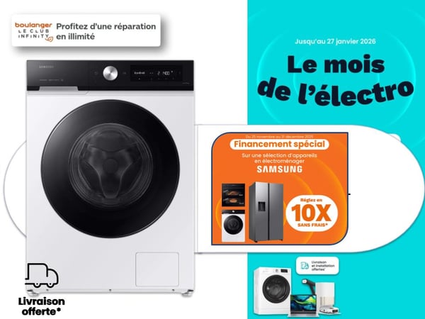 Profitez de Noël pour acquérir un lave linge Samsung à Châteauroux ! Profitez de la livraison OFFERTE pour acquérir votre machine à laver Samsung à Boulanger Châteauroux