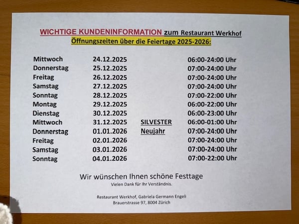 Öffnungszeiten über die Feiertage 2025-2026