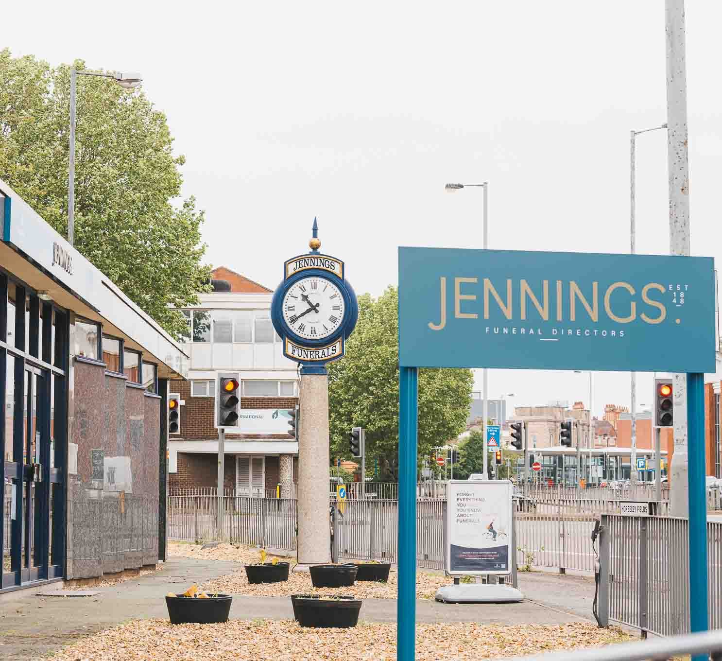 A sign reading Jennings funeral directors outside the funeral home in Horsley Fields