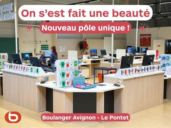 Il y a eu de beaux changements dans votre magasin Boulanger Avignon Le Pontet. Notamment en ce qui concerne l'accueil client, l'encaissement et le retrait commande avec notre nouveau pôle unique. Un espace plus fluide, plus ouvert, plus chaleureux, ouvert à la clientèle pour leur passage en caisse ou le retrait de leur produit.