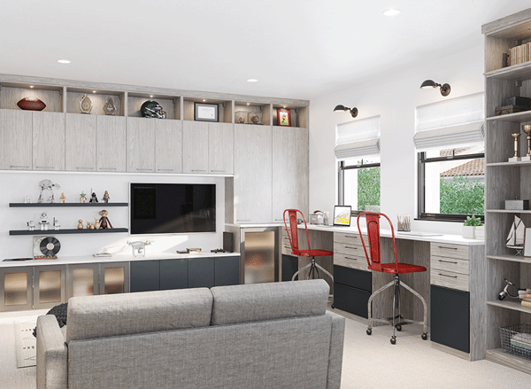 Home office and media room with cabinets in light grey by California Closets Pensacola & Panama City, Florida.