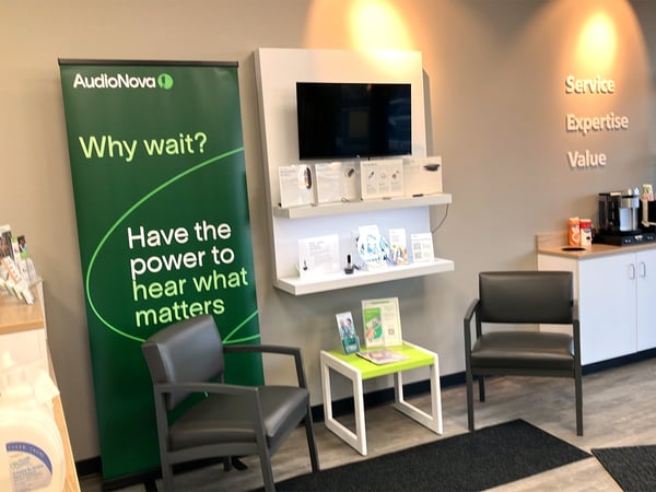 Interior photo of the waiting area for AudioNova hearing clinic in Fairview Park, OH