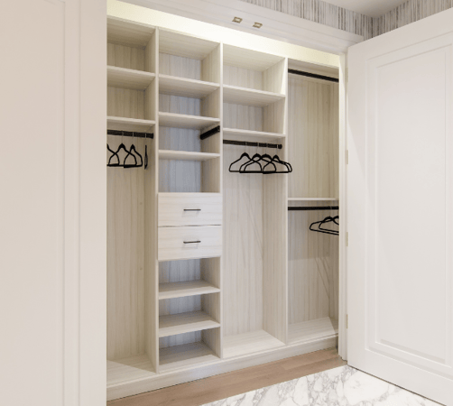 California Closets New York NY White Reach-in Closet with Shelving, Hanging, and Black Hanging Rods