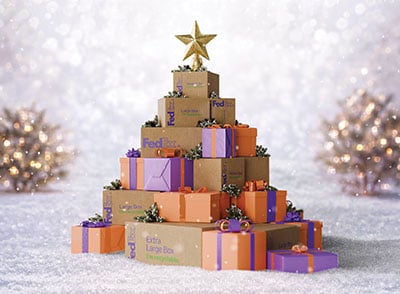 FedEx packages in the shape of a Christmas tree