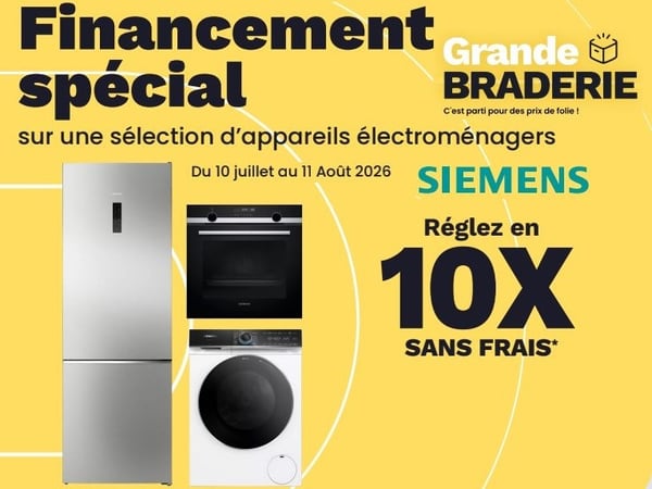 10 fois sans frais sur une sélection de produit électroménager SIEMENS dans votre magasin Boulanger sarcelles du 10 juillet au 11 aout 2026