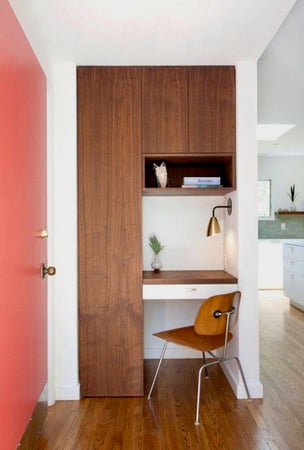 Brown work desk storage with pull out drawers and cabinets