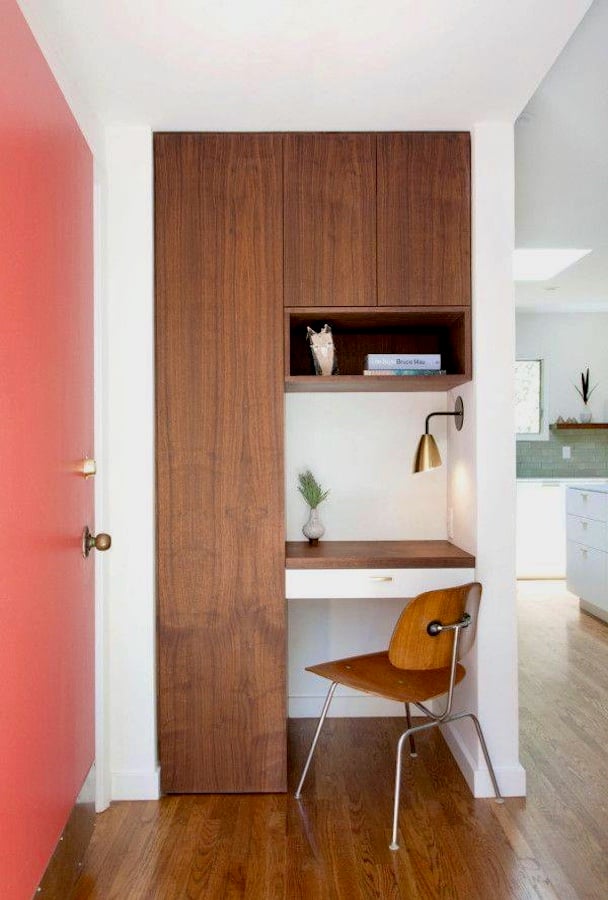 Brown work desk storage with pull out drawers and cabinets