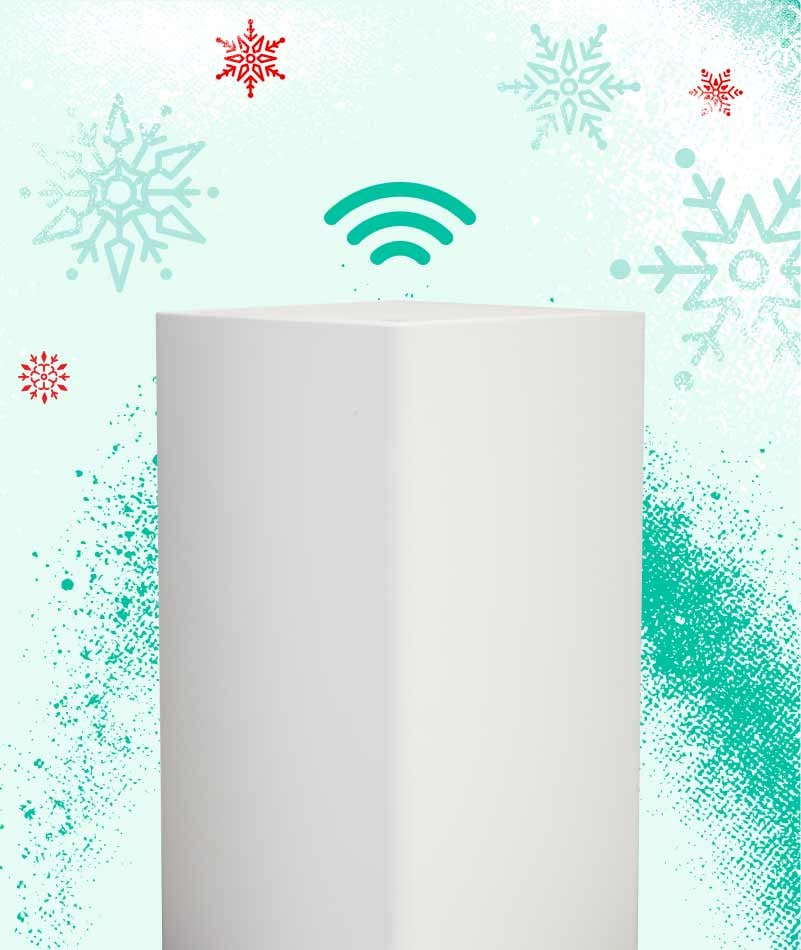 Un dispositivo de internet para el hogar de color blanco con un icono de Wi-Fi arriba, sobre un fondo de tema invernal con copos de nieve.