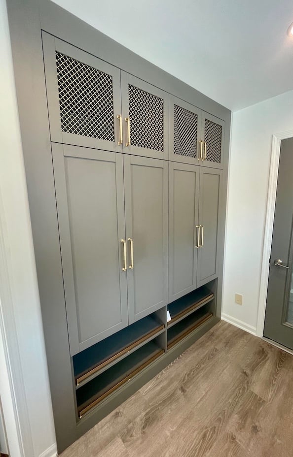 mudroom, mudroom storage, mudroom cabinets, entryway storage, custom cabinets, shoe storage, storage solutions. Birmingham, Michigan
