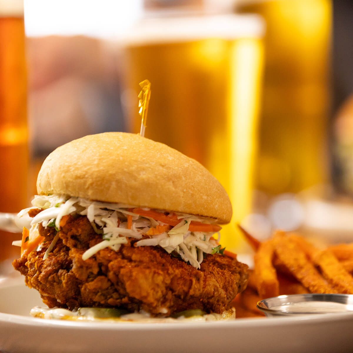 Chicken burger, fries, beer