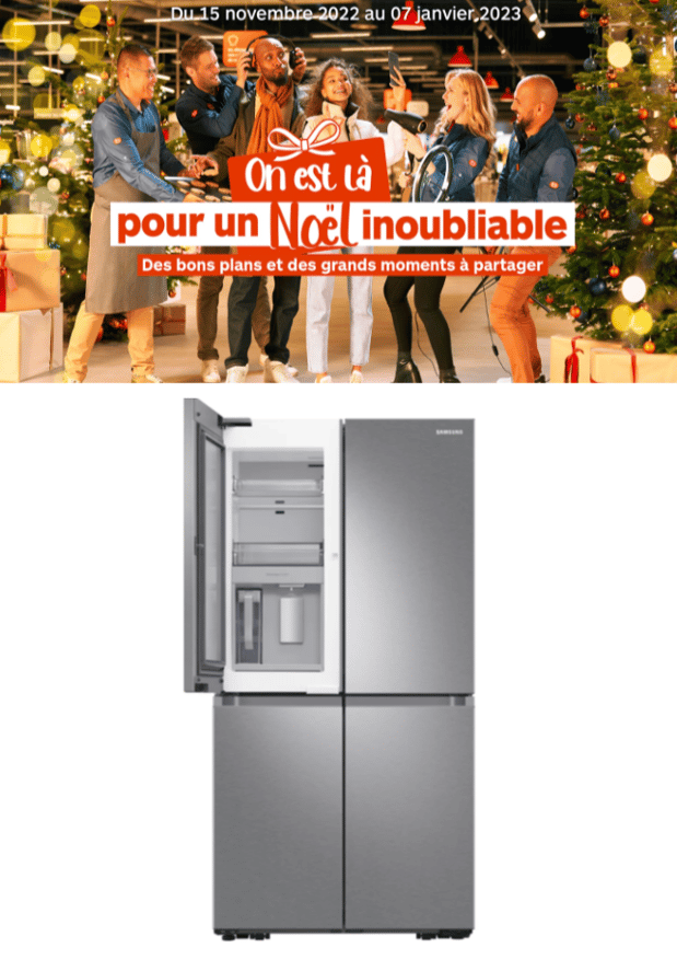 Photo d'un réfrigérateur de la marque samsung. Il comporte quatre porte, celle du dessus côté gauche est ouverte.
L'image est accompagne d'une photo de Boulanger avec la phrase 