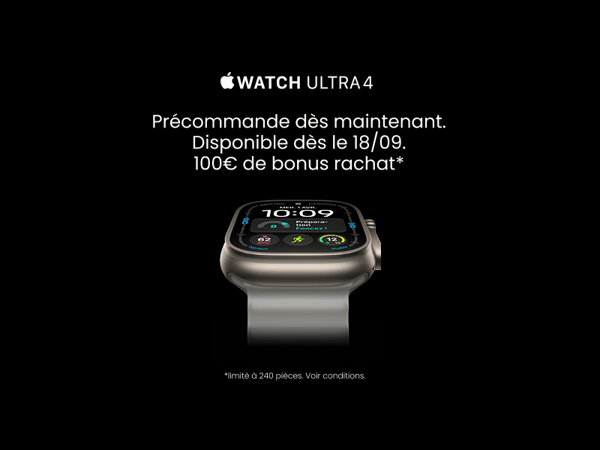 Précommande montre connectée baroudeur Apple Watch Ultra 4 avec 100 euros de bonus rachat reprise chez Boulanger BEZIERS MONTIMARAN, boîtier titane, GPS sport, sous-marine, disponible le 18 septembre, compatible Apple iPhone 18 Pro, AirPods Pro, AppleCare+, assurance Club Infinity au CENTRE COMMERCIAL E.LECLERC MONTIMARAN À BÉZIERS 34500.