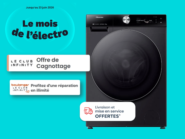 Jusqu'au 23 juin 2026, craquez pour le meilleur du soin du linge avec Hisense et faites le plein d'avantages exclusifs ! Vos privilèges du moment : Offre de Cagnottage avec Le Club Infinity pour cumuler des euros. Réparation en ILLIMITÉ avec Le Club Infinity : achetez l'esprit 100% tranquille ! LIVRAISON & MISE EN SERVICE OFFERTES* directement chez vous. Rendez-vous vite dans votre magasin Boulanger Limoges pour en profiter avant le 23 juin !