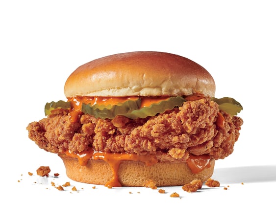 Jack’s on fire! His sandwiches don’t miss. Like our new Blazin’ Cluck Sandwich with a bigger, crispier, better-than-ever, spicy, breaded fillet, Jack’s Spicy Good Good Sauce, and topped with crunchy pickles, on a toasty brioche bun. It’s straight fire. And it’s also pretty spicy.