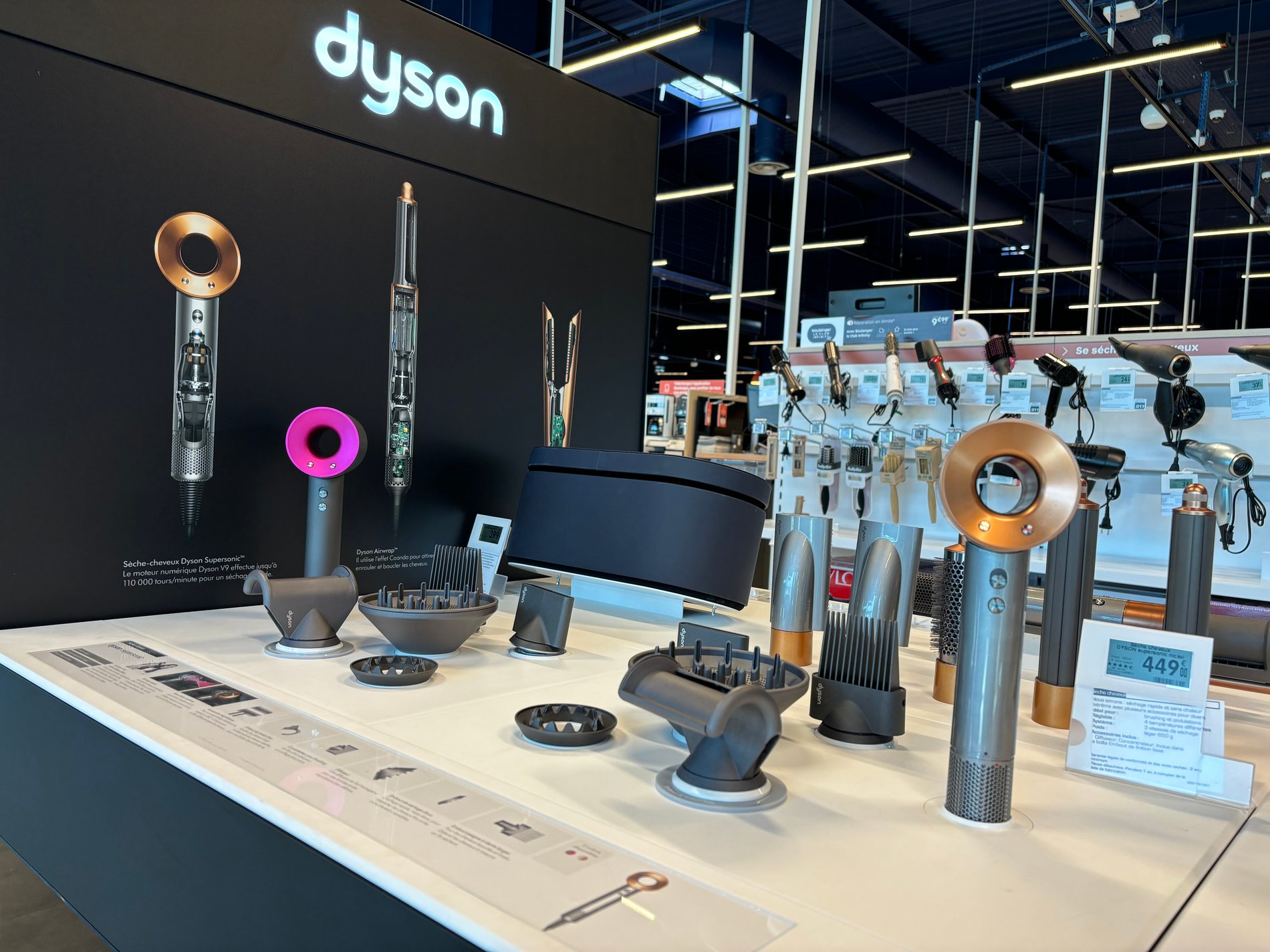 Sèche cheveux Dyson Supersonic Or rose et Céramique, origini, fushia bleu rose poudré et les accessoires
