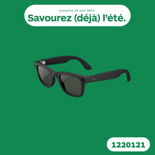 Lunettes connectées 
META Ray-Ban 
Wayfarer, Noir Mat, 
Transitions® 
Transparent/Vert Graphite