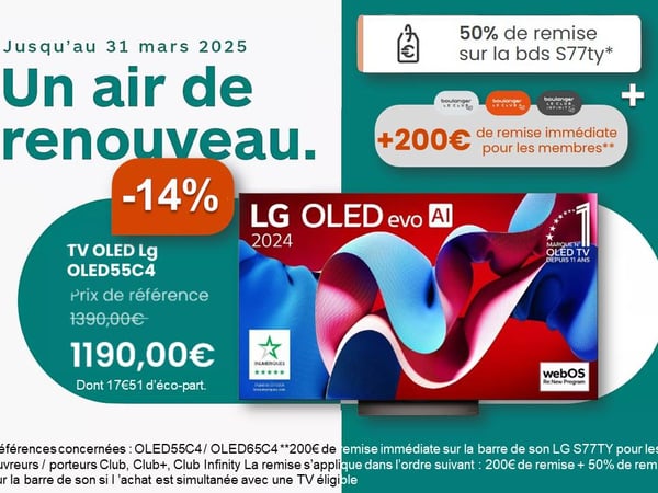 Découvrez le TV LG Oled à Colomiers ! Profitez d’une super promo sur le pack complet TV Oled LG C4 et barre de son LG S77 à Boulanger Colomiers !