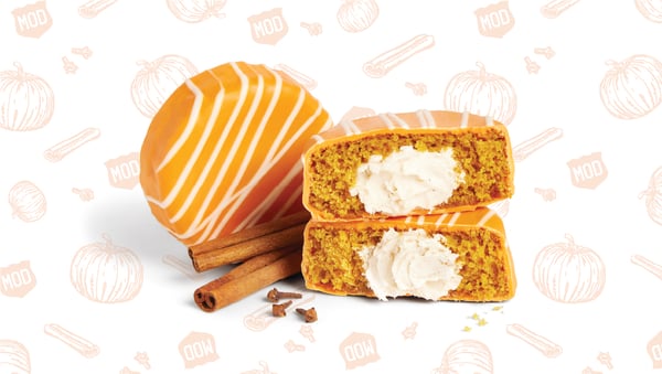 A stack of pumpkin cakes filled with spiced cream and covered in a layer of dreamy white chocolate.