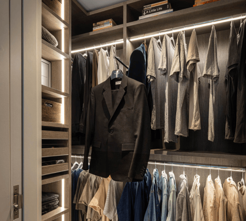 Brown walk-in closet LED hanging pole lighting organized closet and customized adjustable shelving