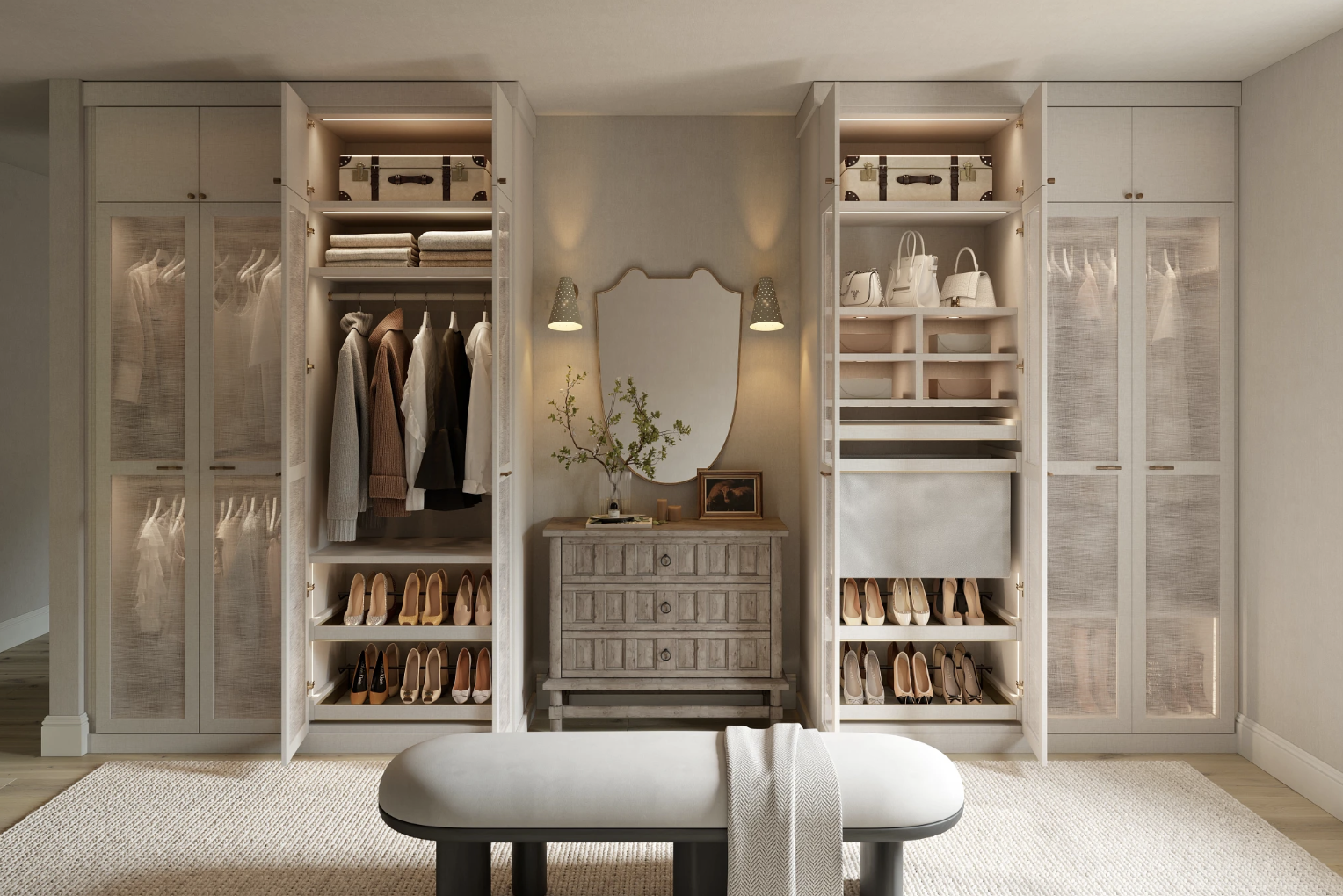 Luxurious custom wardrobe system by California Closets Austin featuring ample space for hanging clothes, organized shoe storage, dedicated handbag display, drawers for additional storage, and integrated LED lighting for a sophisticated touch.