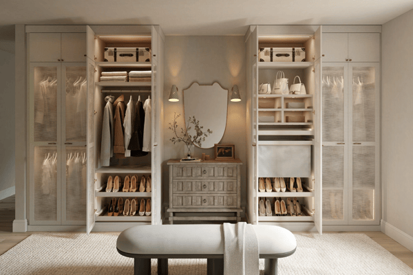 Luxurious custom wardrobe system by California Closets Austin featuring ample space for hanging clothes, organized shoe storage, dedicated handbag display, drawers for additional storage, and integrated LED lighting for a sophisticated touch.