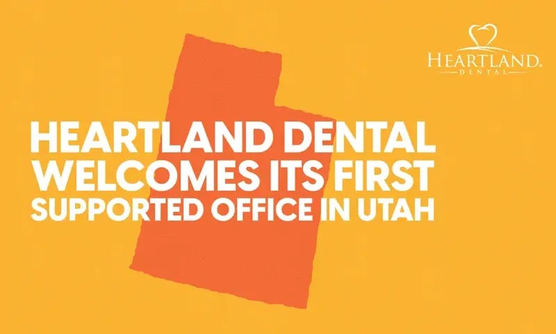 Orange Utah shape on gold background with text Heartland Dental Welcome first Supported Office Utah