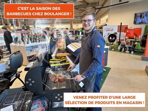 Saison des barbecues, chez Boulanger Nantes Atlantis Saint-Herblain. Sélection de produits en magasin  : barbecues, planchas et leurs accessoires.