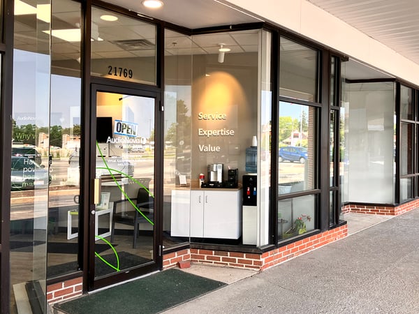 Exterior photo of the main entrance for AudioNova hearing clinic in Fairview Park, OH
