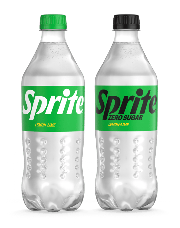 20 ounce sprite bottle next to 20 ounce sprite zero sugar bottle