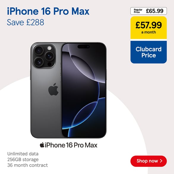 Save £288 on an iPhone 16 Pro Max deal with Clubcard Prices at Tesco Mobile, Shop now