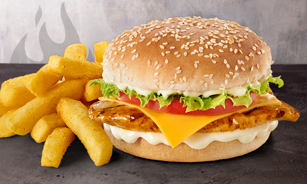 A Chicken Burger with Famous Hand-Cut Chips from Steers® , against a purple and grey background.