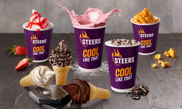 Steers® Real treats range with milkshakes, swirls and ice cream cones on a grey surface with a grey background.