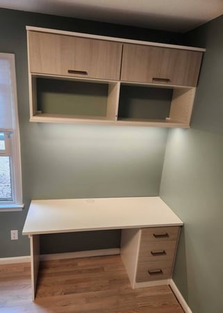 Floating cabinets and a desk with integrated drawers.