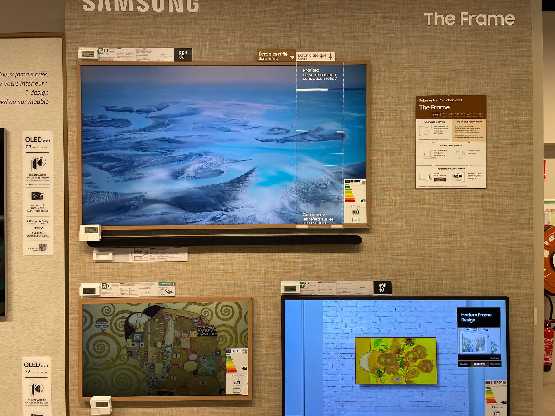 Mural présentation des TV the Frame Samsung sans votre magasin Boulanger Bourg-en-bresse