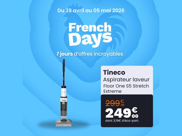 Fini la corvée du sol ! 🧹✨

Les French Days chez Boulanger La Roche-sur-Yon, c'est l'occasion de vous offrir le Tineco Floor One S5 Stretch Extreme à prix mini !

🔥 Seulement 249€ (remise immédiate de 50€ !)

Imaginez : un seul passage et votre sol est aspiré, lavé et sec en quelques secondes. Idéal pour les familles, les propriétaires d'animaux ou juste pour ceux qui veulent profiter du soleil vendéen plutôt que de faire le ménage ! ☀️

👉 Rendez-vous vite en magasin pour profiter de cette offre incroyable !