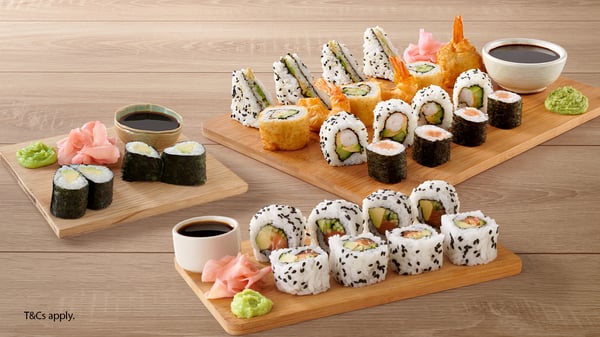 Sushi platter with California rolls and maki rolls from Fishaways Bellville Mall – a sushi place inSushi platter with California rolls and maki rolls from Fishaways Bellville Mall – a sushi place in
