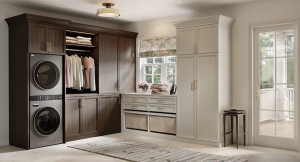 Laundry room with contrasting wood finishes. Dark brown cabinets with hanging space and concealed storage. Light wood-toned unit with counter and pull-out baskets by California Closets Greenwich, Connecticut.