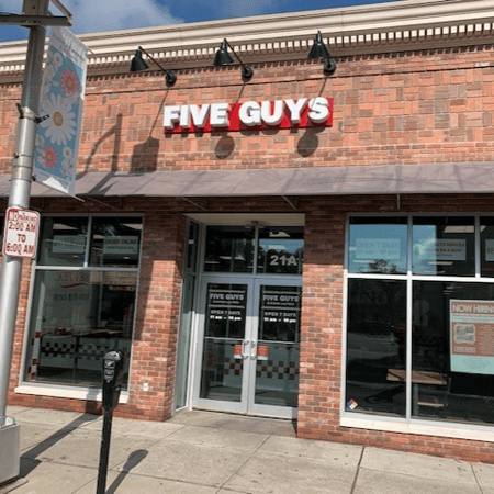 Entrance to the Five Guys at 21 East Broad Street in Westfield, New Jersey.