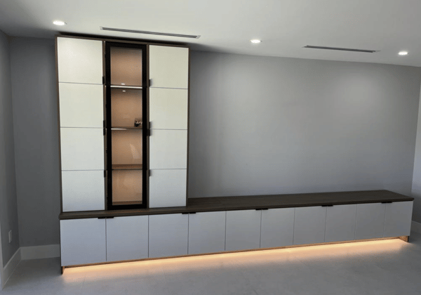 Custom media center with light and dark accents