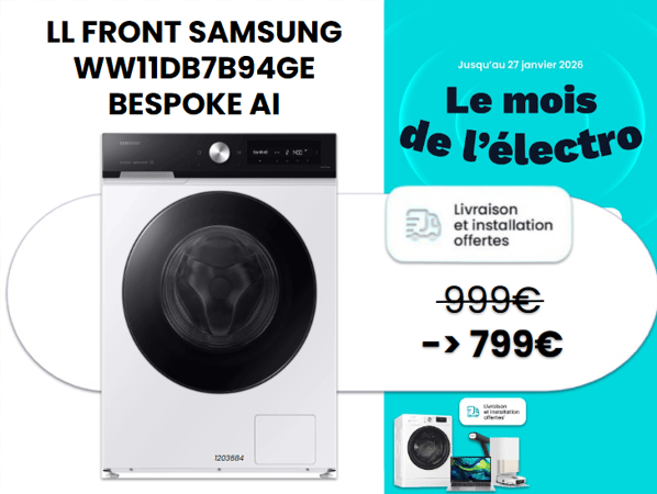 Découvrez dans votre magasin boulanger la roche sur yon, le lave-linge hublot SAMSUNG WW11DB7B94GE Bespoke AI en offre exclusive à 799 € au lieu de 999 € ! Profitez d’une capacité XL de 11 kg, d’un essorage 1400 tr/min, d’un système intelligent de dosage automatique de lessive, de programmes vapeur et connectés, et d’une machine silencieuse et économe en énergie — idéal pour toute la famille. 🔥