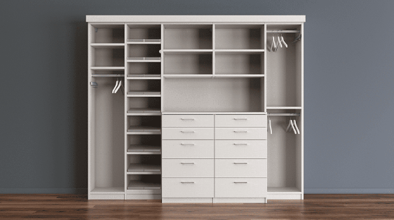 Custom closet in white with many storage areas on wood flooring by the best closet company California Closets