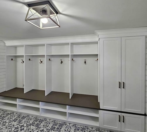 Mudroom storage with custom cabinets, built-in bench, and cubbies for home organization in Flat Rock, Michigan