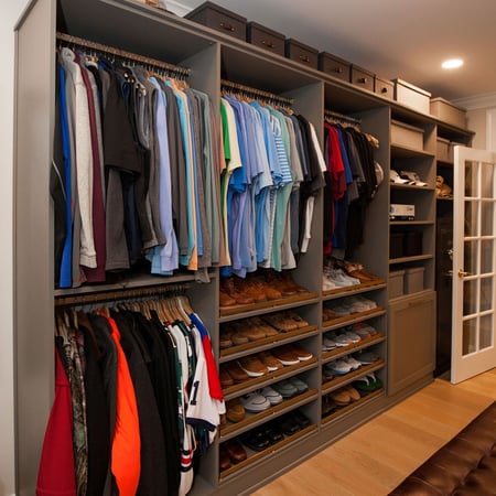 Men's Walk-in Closet with Hanging Sections for Business Attire and Shoe Shelves