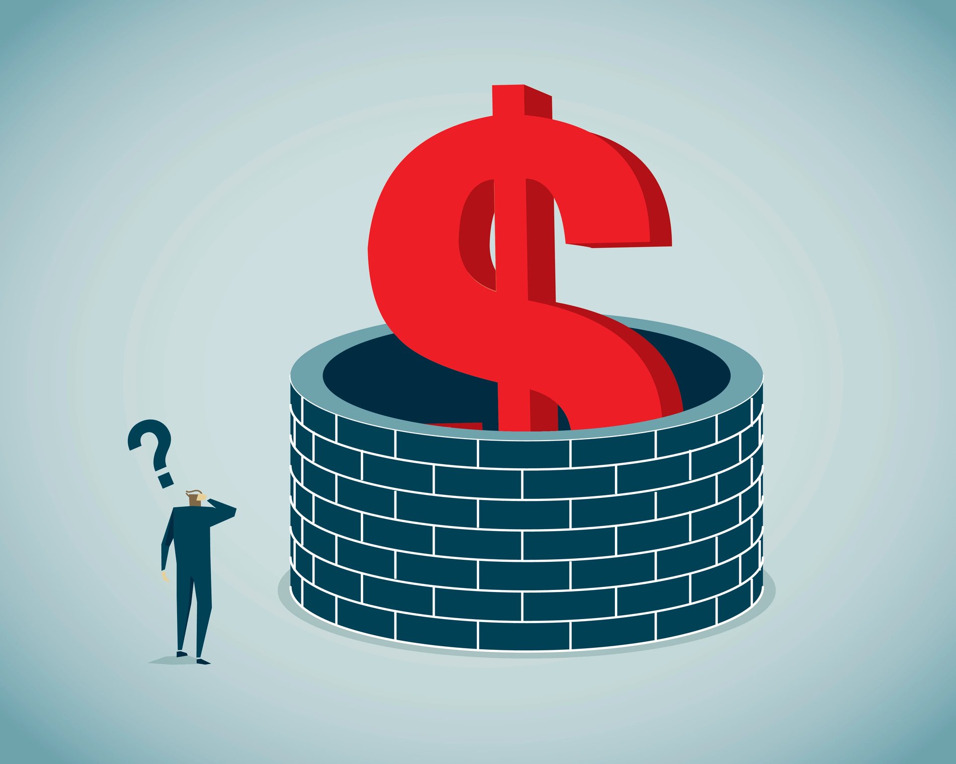 Money sign falling into well in front of questioning observer