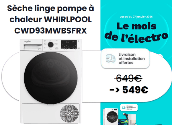 Découvrez chez boulanger la roche sur yon le sèche-linge à pompe à chaleur WHIRLPOOL CWD93MWBSFRX en offre spéciale à 549 € seulement ! 🌟 Avec sa capacité XL de 9 kg, son cycle PrecisionDry qui ajuste automatiquement le séchage et son fonctionnement silencieux, il est parfait pour toute la famille. Grâce à sa sonde d’humidité intelligente, votre linge est sec à la perfection à chaque fois. 👕🔥
