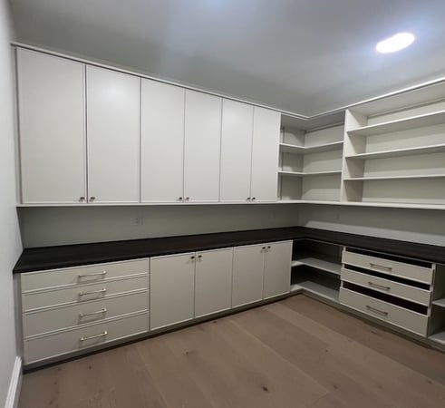 Custom pantry cabinets and shelving with drawers for pantry storage solutions and pantry organization