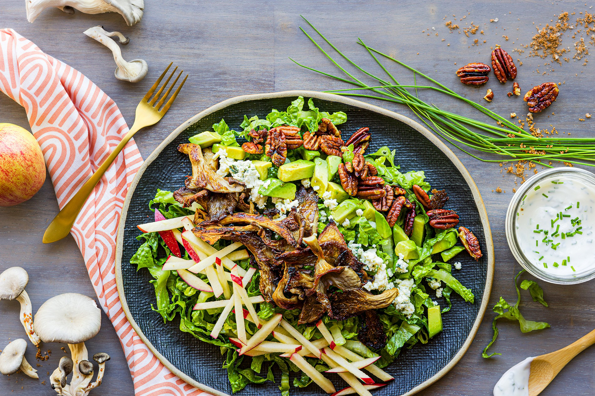 Cobb salad with apples pecans and crispy mushrooms