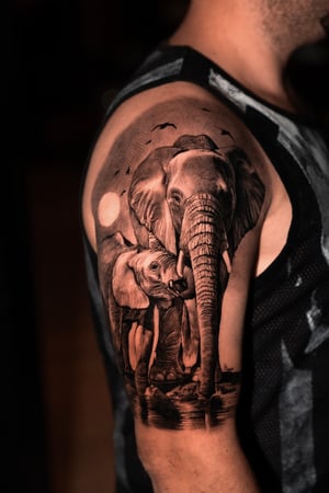 Tattoo Realism Black and Grey  - Elephants Composition  - Half Sleeve Project.