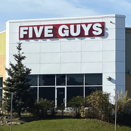 Five Guys at 2150 Burnhamthorpe Road West in Mississauga, Ontario, Canada.