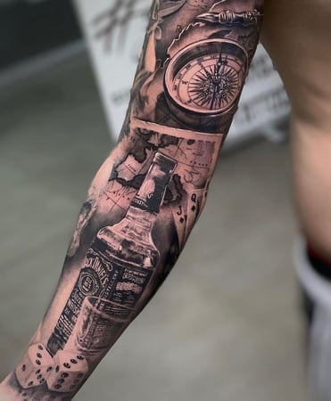 Tattoo Realism Black and Grey - Map Compass Composition - Full sleeve Project.
